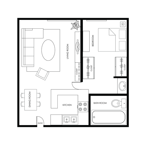 Floor plan for 1 bed, 1 bath, 700 sqft